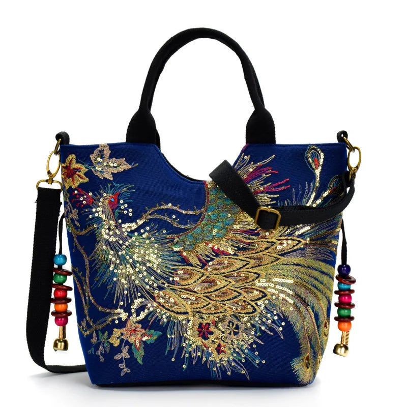 Ethnic Style Sequins Tote Bag, Peacock Embroidery Handbags, Vintage Canvas Crossbody Bag