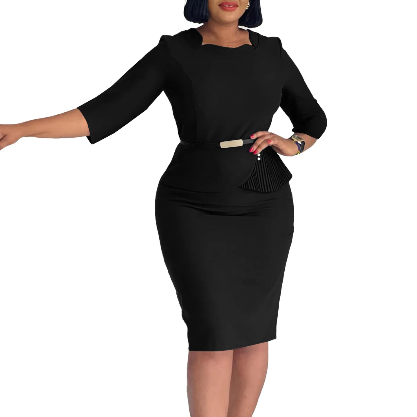 L-3XL Plus Size Elegant Midi Dress 2025 Spring Summer Women Office Lady Dress