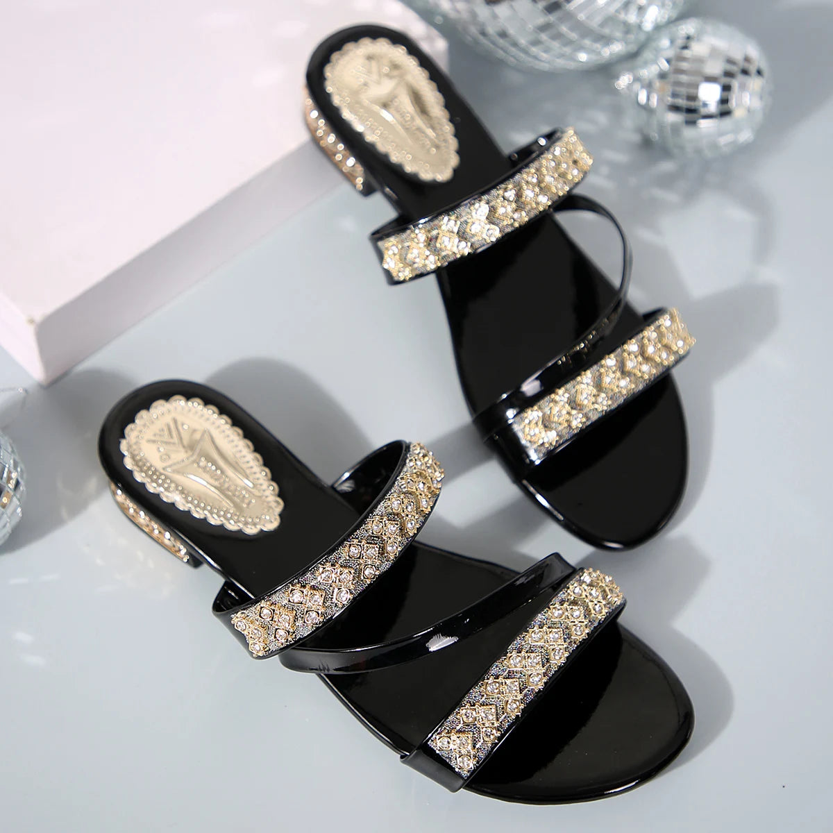 Summer New Women Slippers Medium Heel Thick Heel Slippers Open Toe High Heel Rhinestones Shoes Lightweight Sandals Slides Women
