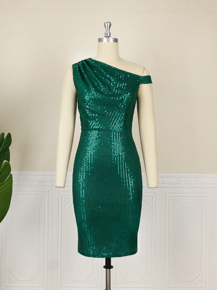 Sequins Dresses Knee Length Cold Shoulder Green Luxury Retro Evening Cocktail Birthday Party