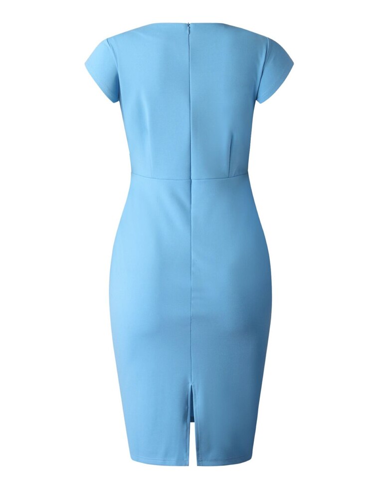 Blue Bodycon Dress Office Ladies Elegan Short Sleeve