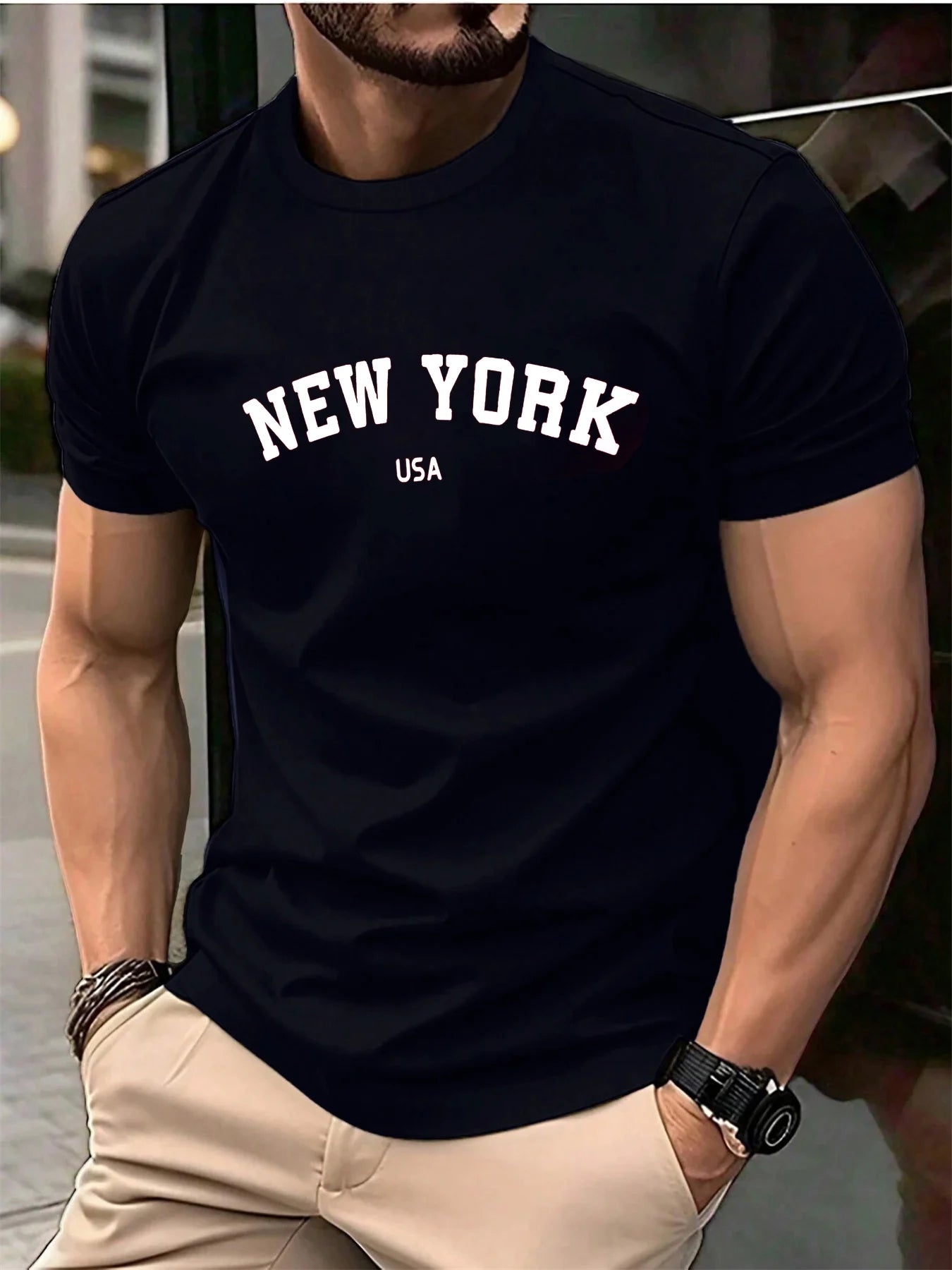 Men's Summer 100 Cotton Fashionable Casual Loose Large New York USA Letter Printed Round Neck Short Sleeve T-shirt Top