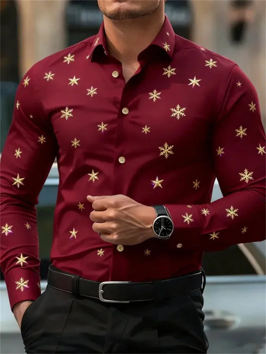 Men's business long sleeved button up shirt, Christmas 3D printed pattern, fashionable long sleeved casual shirt, high-quality c