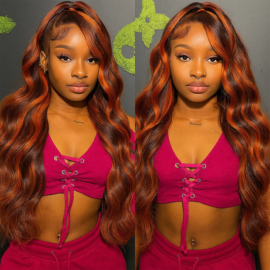 Ginger Highlight Brown Hair Body Wave 5x5 Lace Closure Glueless Wig Human Hair Balayage Ombre Ginger Colored Lace Frontal Wigs