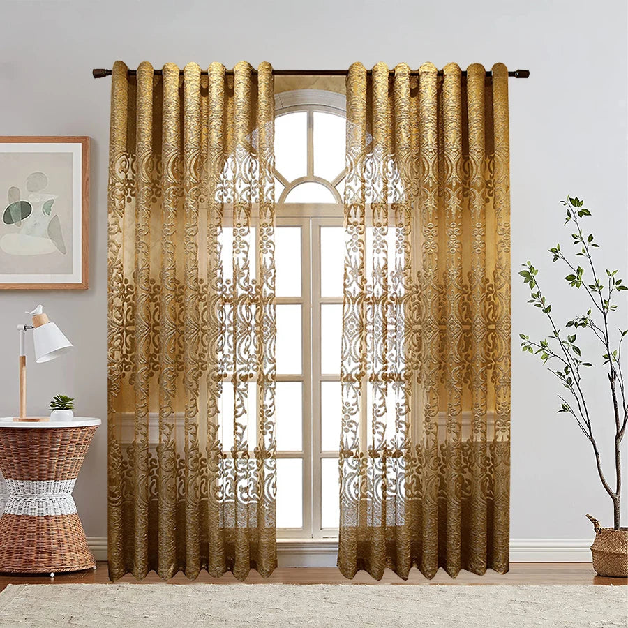 European Luxury Coffee with Golden Wire Jacquard Hollow Tulle Curtain for Living