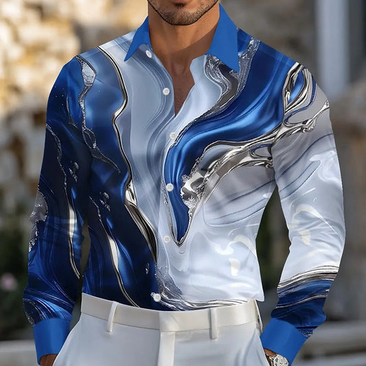 Mens Marble Abstract Liquid Art Formal Shirt Long Sleeve Fashion Casual