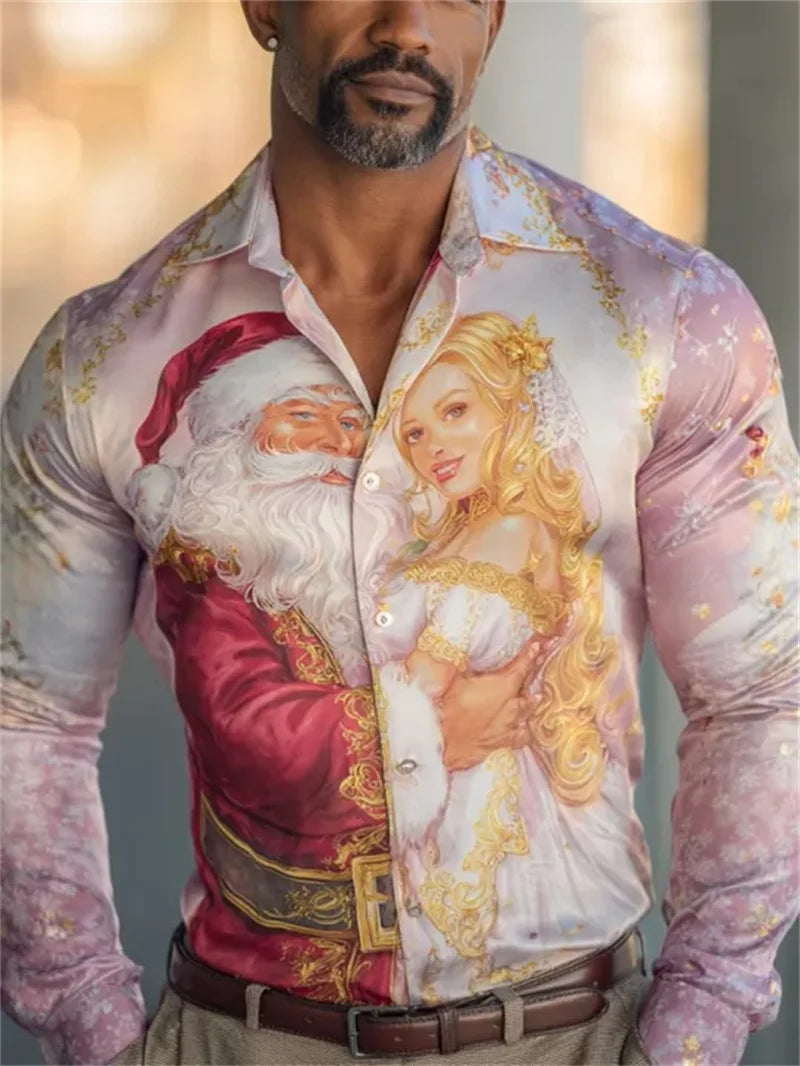 Men's business long sleeved button up shirt, Christmas 3D printed pattern, fashionable long sleeved casual shirt, high-quality c