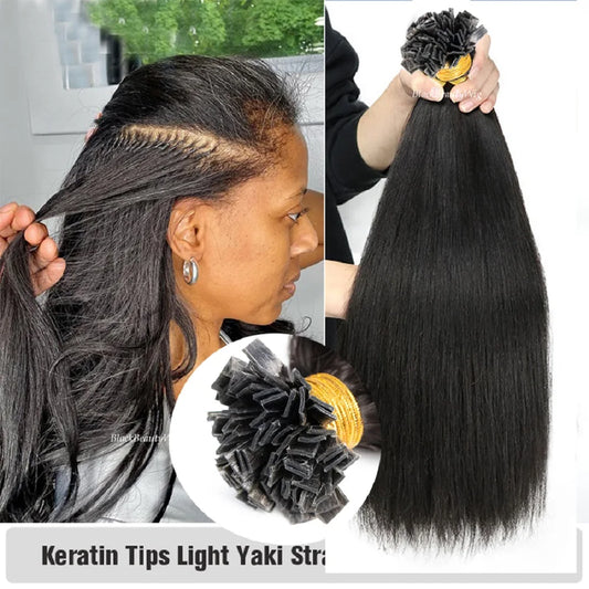 Light Yaki Flat Tip Human Hair Extension Brazilian Remy Pre Bonded Keratin Fusion K Tip Hair Yaki Straight 100g 100Pcs