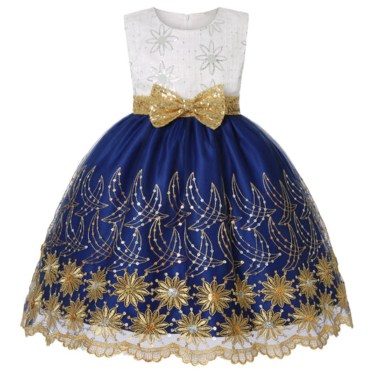 2025 Autumn and Winter new children's mesh gold sequins embroidered bow tie dresss skirt wedding birthday