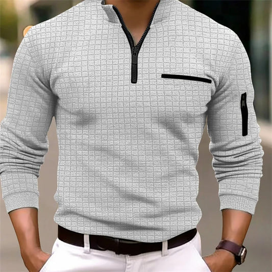 2025 Spring and Autumn New Men's Plaid Turtleneck Zipper Long Sleeve Polo Shirt Casual
