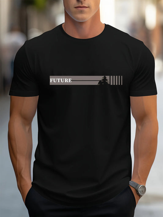 Men's Summer 100 Cotton Fashionable Casual Loose Plus Size Future Pattern Printed Sports Round Neck Short Sleeve T-shirt Top