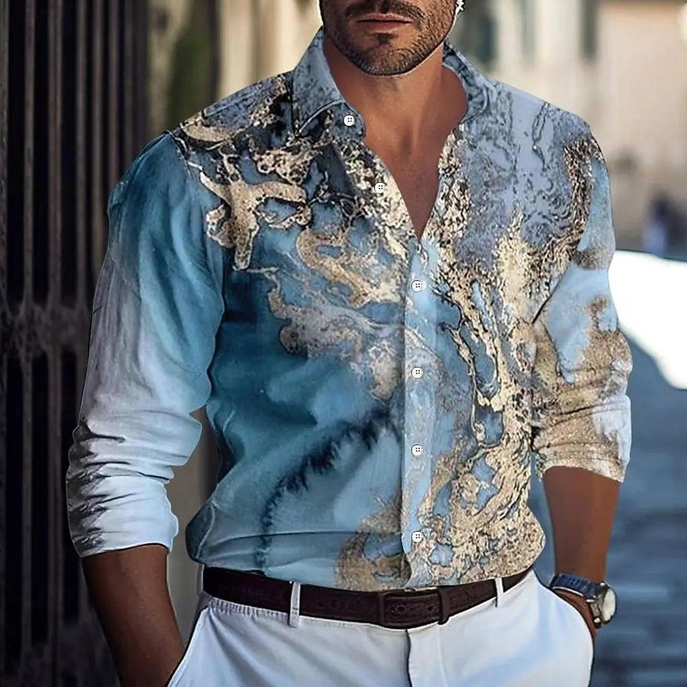 Mens Marble Abstract Liquid Art Formal Shirt Long Sleeve Fashion Casual