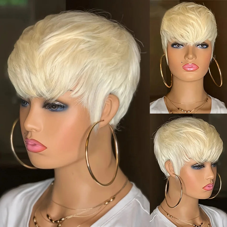 Human Hair Wig Pixie Cut Wig Highl Short Human Hair machine Women