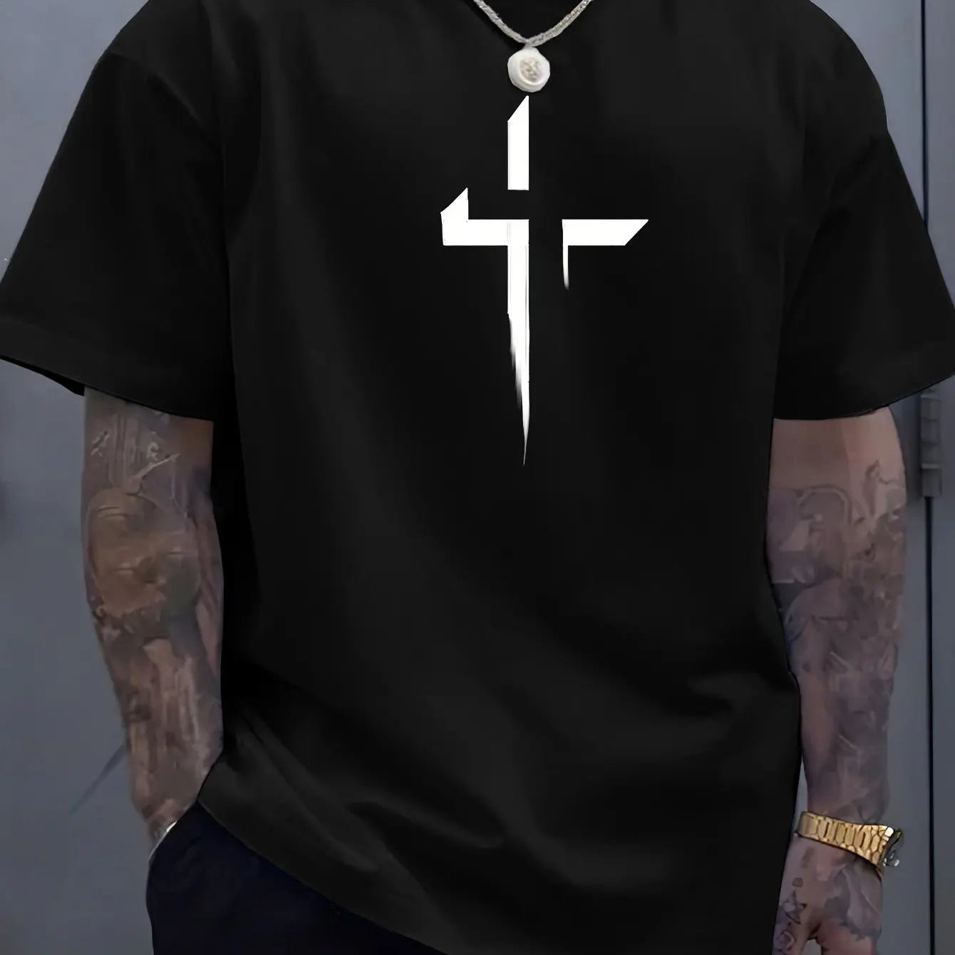 Summer men's 100% pure cotton casual loose plus size Cross Creative printed sports