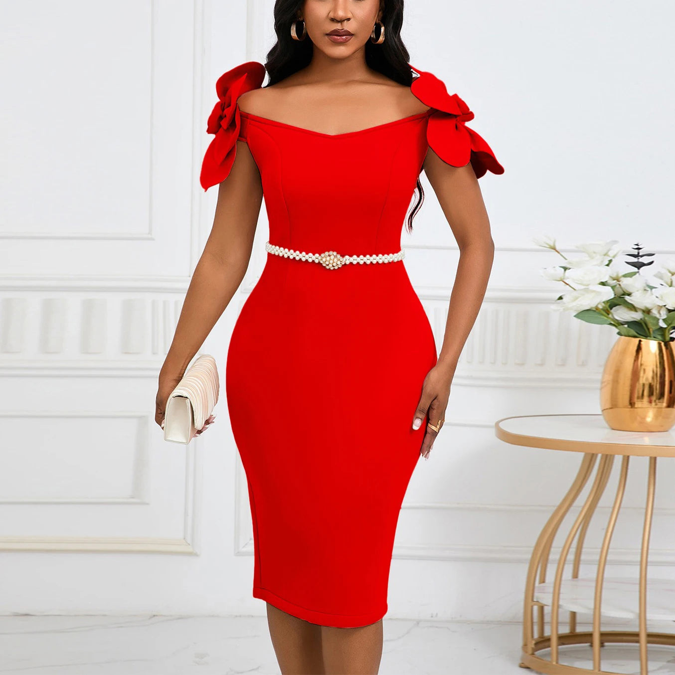 Sexy Bodycon Dresses for Women Slash Neck Petal Sleeve Belt Waisted Sheath Package Hips Mid Calf Professional Work Dress Midi OL