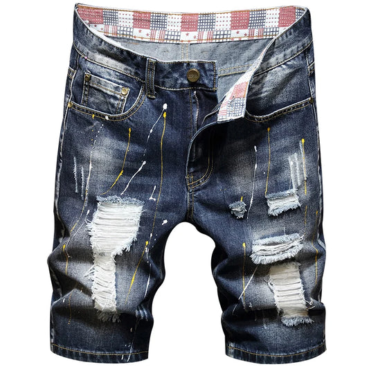 Vintage Summer Mens Graffiti Ripped Denim Shorts Ripped Fashion Destroyed Short Jeans Brand Male Clothes Hole Short Pants