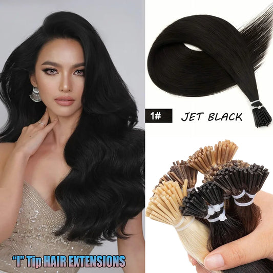 I Tip Hair Extensions Real Human Hair 50 Strands Jet Black Straight Pre-Bonded I Tip Hair Extensions Add Hair Length&Volume 50g