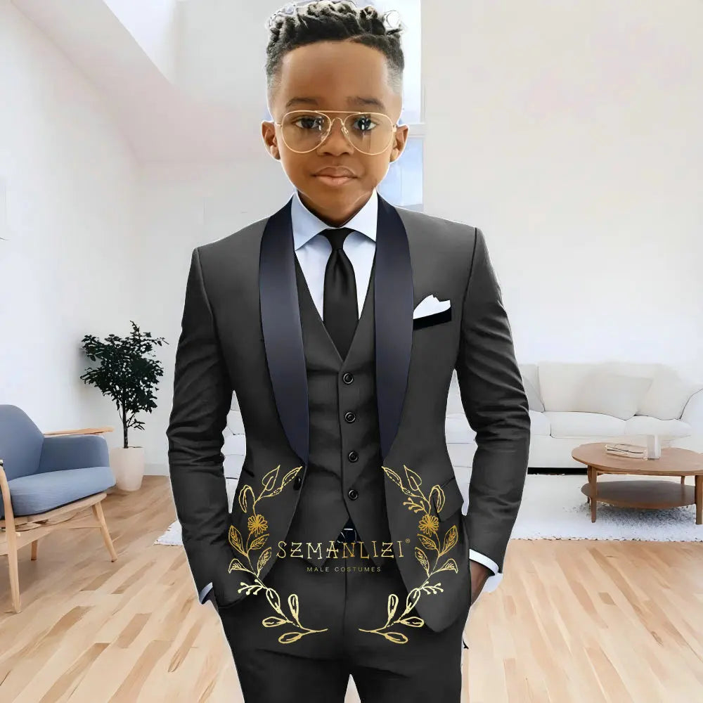 Formal Navy Blue Boys Suit Jacket Pants Vest 3 Piece Set Shawl Lapel Blazer for Kids Wedding Tuxedo Suits