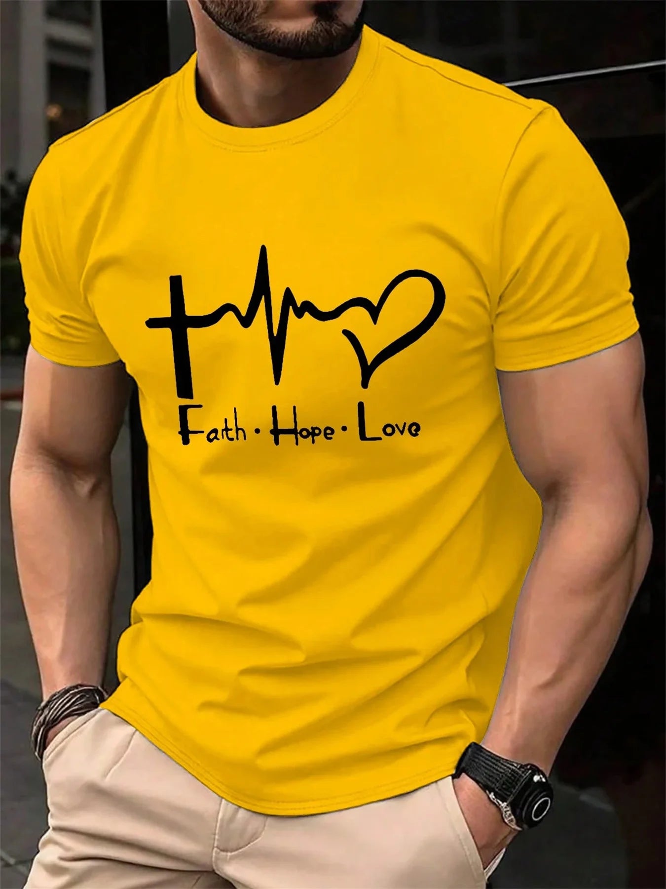 Men's Summer polyester Fashionable Casual Loose Large Size FAITH HOPE LOVE Sports Rd Neck Short Sleeve T-shirt Top
