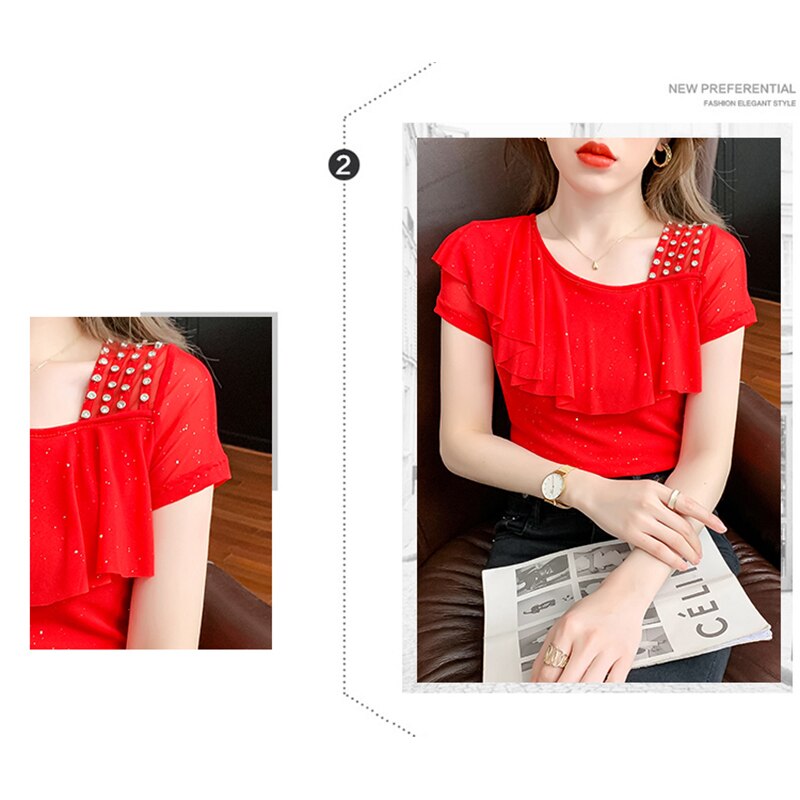 Summer 2022 Mesh T-Shirt Women Handmade Diamonds Ruffles Women Tops Tees Slim Sexy Oblique Collar Short Sleeve New T26201
