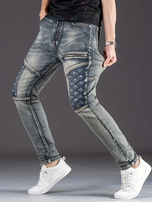 Nostalgic Trendy Motorcycle Men's Jeans Slim Fashion Patchwork Washed Denim