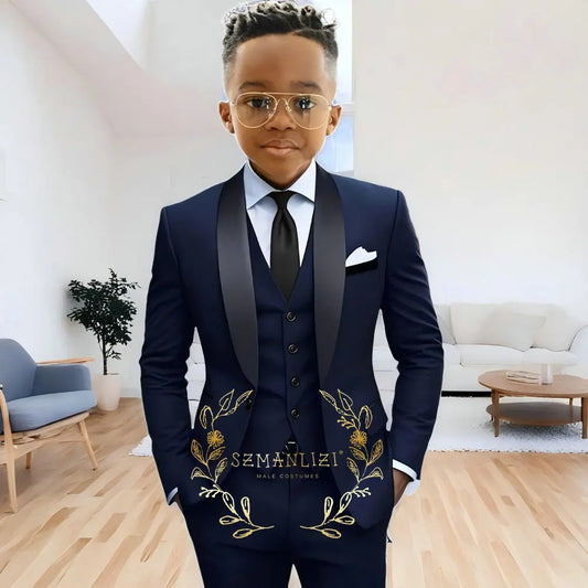 Formal Navy Blue Boys Suit Jacket Pants Vest 3 Piece Set Shawl Lapel Blazer for Kids Wedding Tuxedo Suits