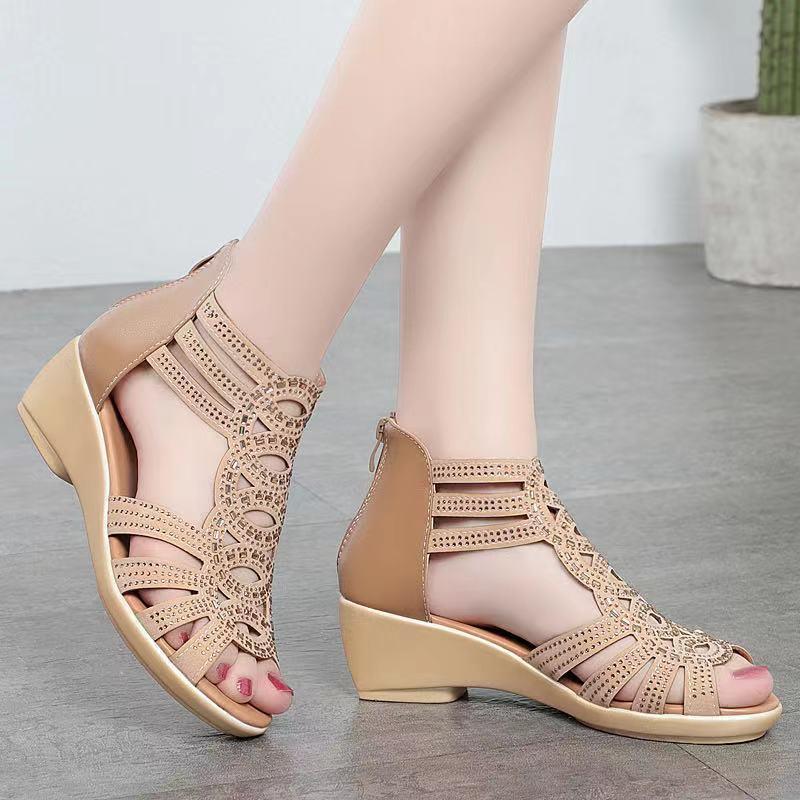 Summer Real Soft Pu Leather Roman Sandals Women's Chunky Heel5cm Mom Shoes Fashion Outerwear Female Sandalia Wedge Women's Shoes