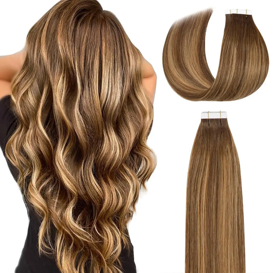 Alimice #4/27 Highlight Brown Blonde Tape In Extensions Human Hair Extensions 20pcs 50g Tape In Real Human Hair