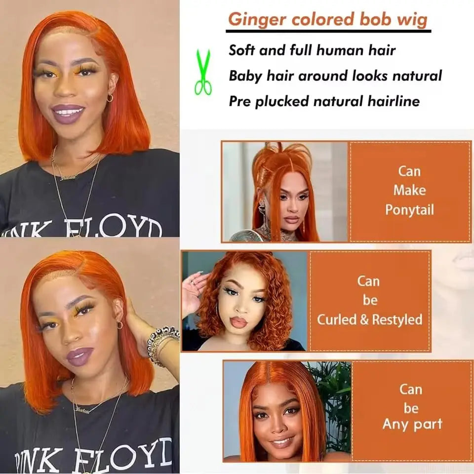Ginger Orange Bone Straight Short Bob HD Transparent 13x4 Lace Front Human Hair Wig Brazilian 250% Colored Lace Frontal Bob Wigs