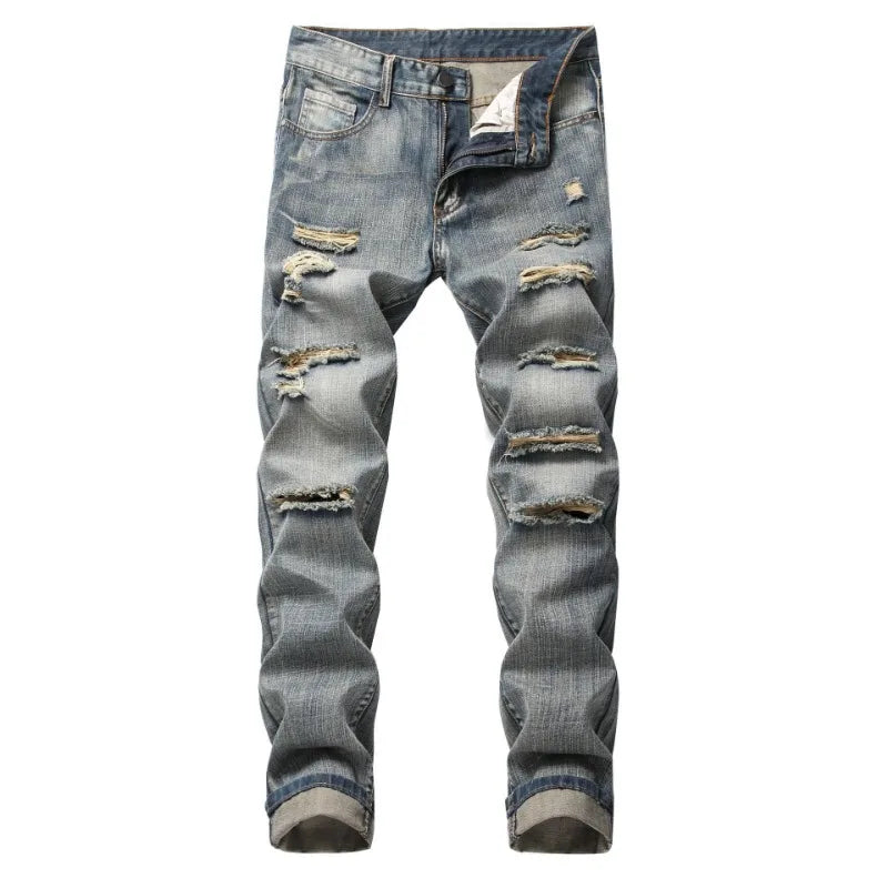 Men Ripped Distressed Destroyed Straight Slim Fit Jeans Skinny Casual Fashion Vintage Hole Straight Leg Denim Pants