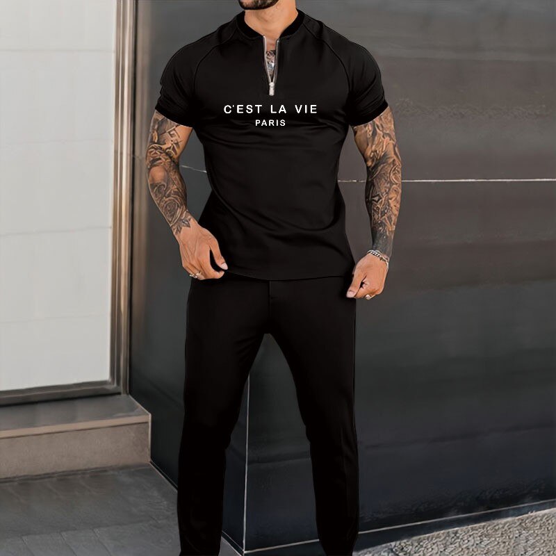 Spring Autumn Long Sleeve T Shirt+Pants Men 2 Piece Sets Men Tracksuit Printed Casual Eound Collar Zipper Sportwear Suit S-3XL