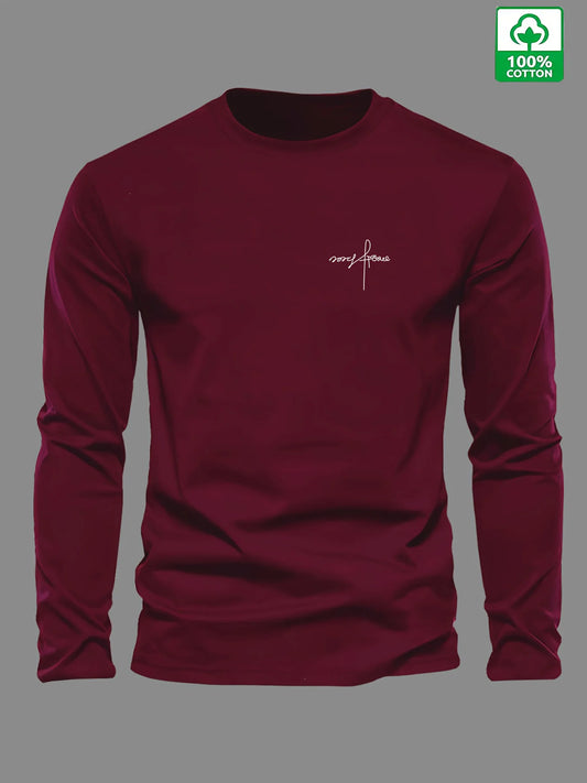 Men's 100% pure cotton loose and comfortable sports and leisure letter printed round neck long sleeved T-shirt top