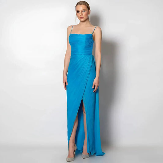 Concert Costumes Elegant Gemstone Sky Blue Chiffon Pleat Front Fork Elegant dress