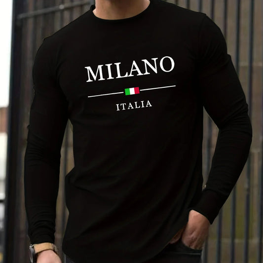 Men's 100% pure cotton comfortable casual loose oversized MALINO ITALIA printed sports round neck long sleeved T-shirt top