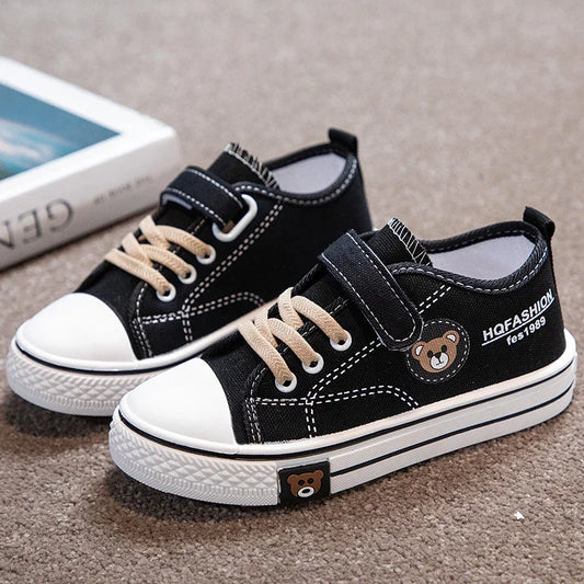 Children Canvas Shoes Boy Sneaker Bear Print Casual School Shoes Lightweight Flat Boy Tennis Shoes