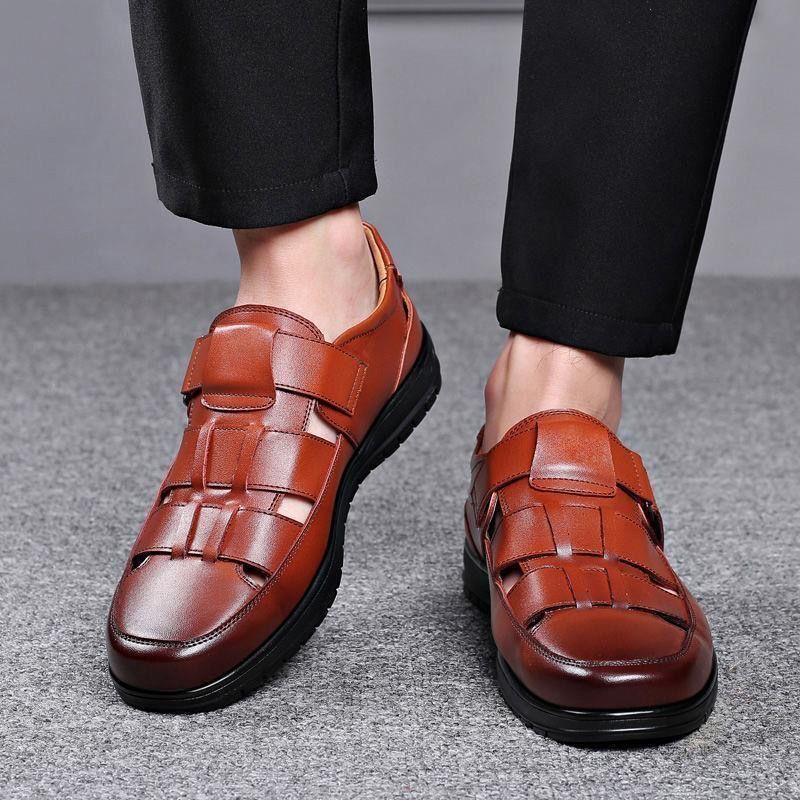 Summer Shoes for Men Hollow Out PU Leather Breathable Sandals Non-slip Flats Soft Bottom Handmade Tide Design Footwear Men Shoes
