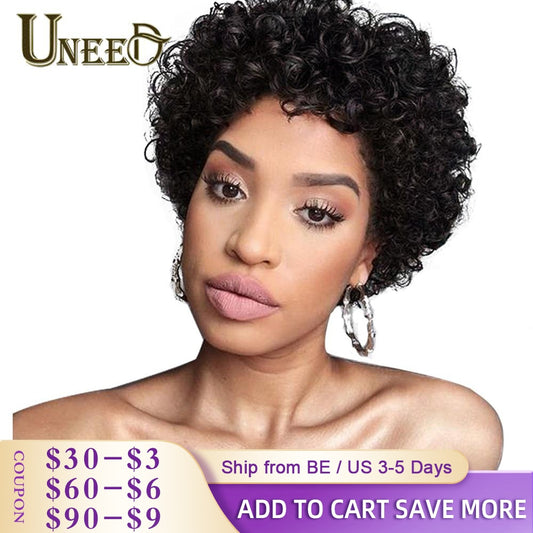 Uneed Short Curly Bob Wig Brazilian Curly Human Hair Wigs For Women Natural Black Non Remy Hair 130% Density Jerry Curl Wigs