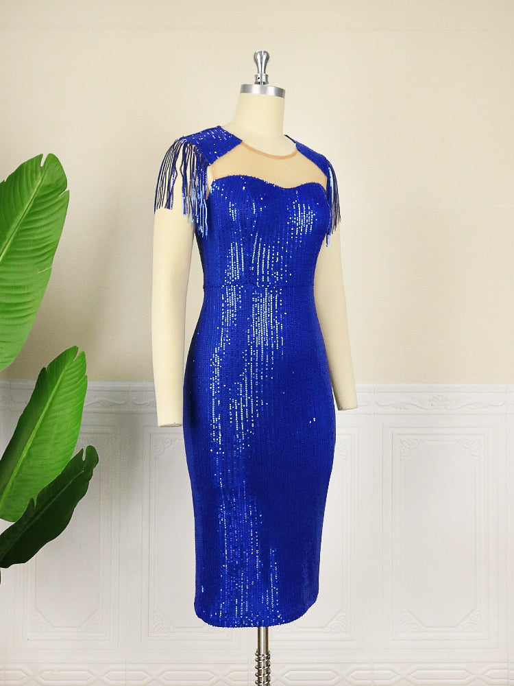 Summer Sequin Dress Big Size Elegant Women Shiny Fringe Mesh Contrast Knee Length Stretch Bodycon Party Evening Event Robes