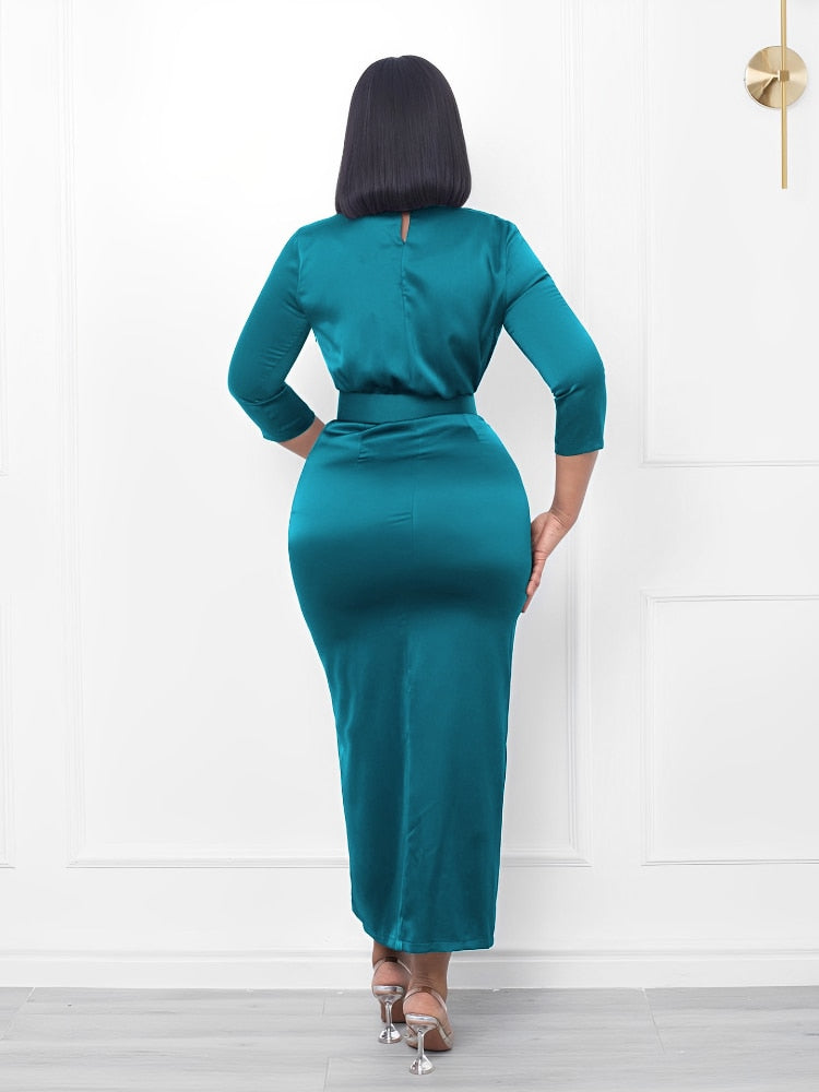 Women Long Dress Shiny O Neck Bodycon Sheath Evening Party Elegant Button Up African Female Package Hip Occasion Robes Gowns New