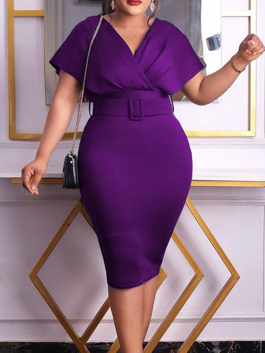 Women Autumn Dress Ladies Casual Big Size Slim Office Dress Retro Elegant V-Neck High Waist Printed Short Sleeve Party Dress