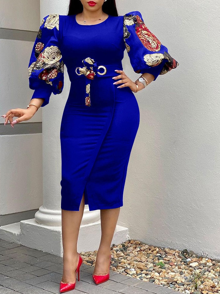 Women Elegant Bodycon Dresses O Neck Three Quater Sleeves High Waist Office Ladies Work Wear Package Hip African Fashion Spring