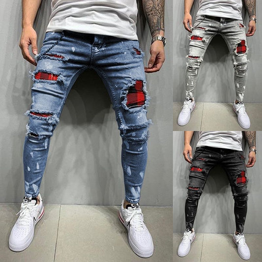 Fashion Men Jeans Knee Hole Ripped Stretch Skinny Denim Pants Solid Color Autumn Summer Hip-Hop Style Slim Fit Trousers