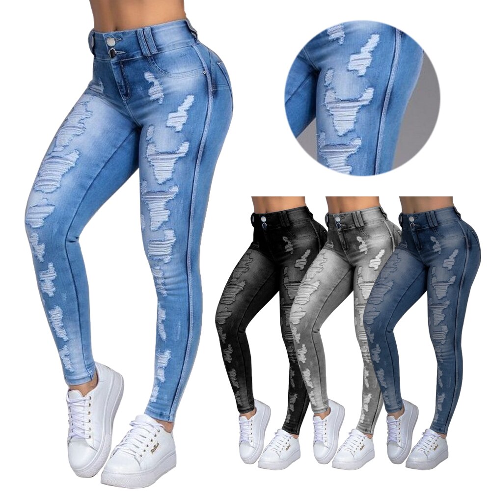 Plus Size Women Skinny Jeans Ripped Causal Denim Pants Light Washed High Waist Tight Ladies Jeans Causal Hole Female Trousers