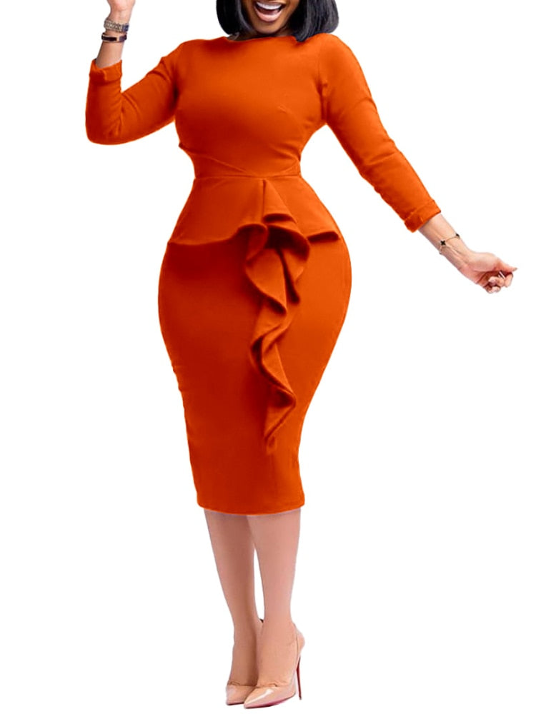 Women Elegant Bodycon Peplum Dresses Ruffles Slim Sheath O Neck Long Sleeves Package Hip Female African Large Size Ladies Gowns