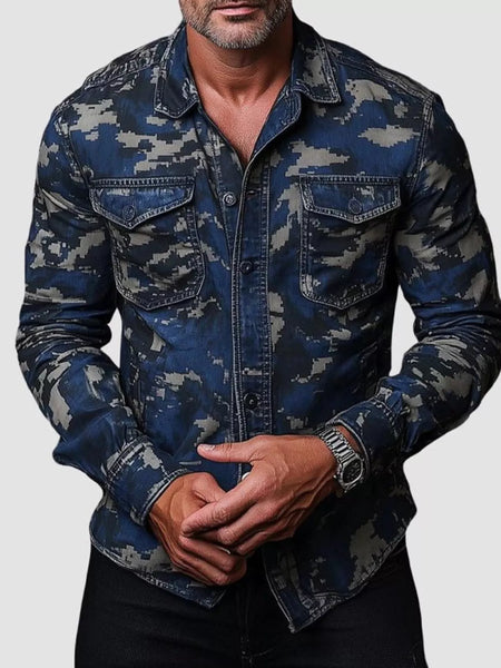 Men's Full Size Camouflage Print Shirt with Dual Chest Pockets Plus Size