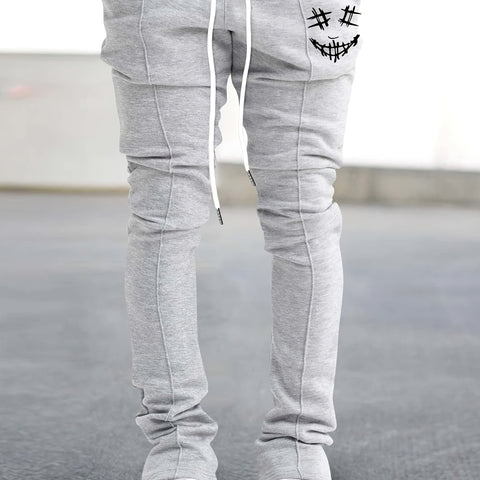 [Graphic Polyester Pants] Red Hip Hop Style Polyester Pants - Men's Lightweight Breathable Casual Pants with Joyful Face Print, Machine Washable, Spring/Fall, Casual Wear