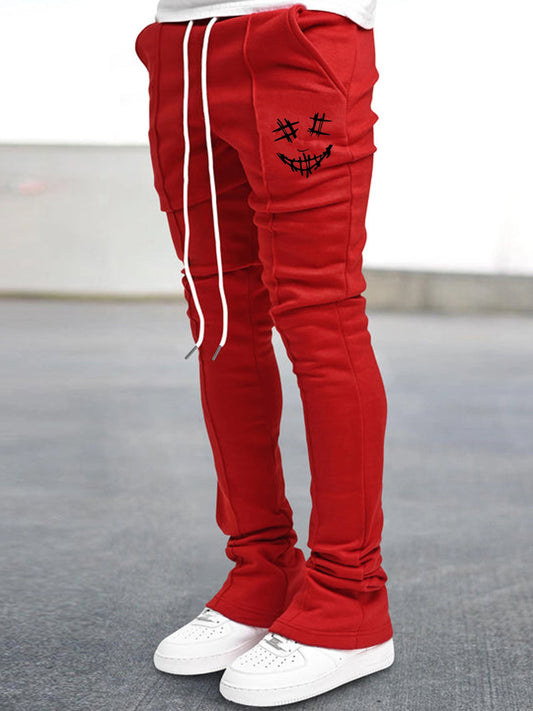 [Graphic Polyester Pants] Red Hip Hop Style Polyester Pants - Men's Lightweight Breathable Casual Pants with Joyful Face Print, Machine Washable, Spring/Fall, Casual Wear