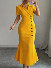 Elegant Solid Color Short Sleeve Button-Up Neck Midi Dress Casual Slimming Women's Dress