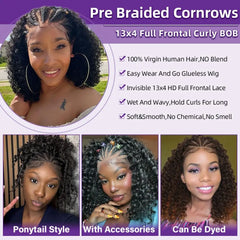 Cornrow Braid Bob Wig Deep Curly Brazilian Human Hair Knotless 13x4 Full Lace Wigs Pre Braided Boho Box Braids Wig For Women