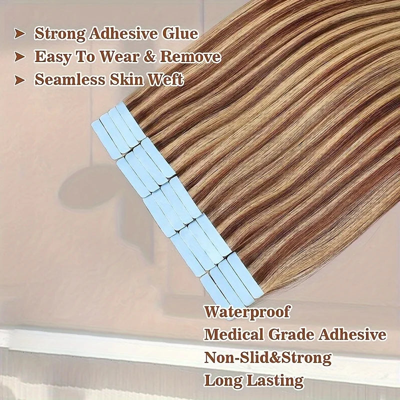 Alimice #4/27 Highlight Brown Blonde Tape In Extensions Human Hair Extensions 20pcs 50g Tape In Real Human Hair
